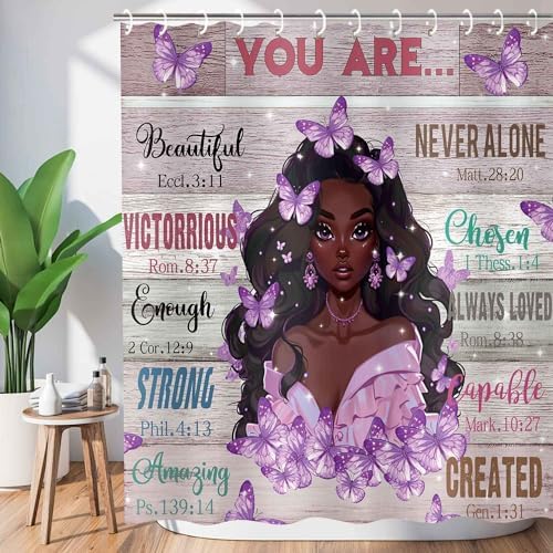 JAWO Black GirL Showers African American Butterfly 72x72 12 Hooks Modern Design