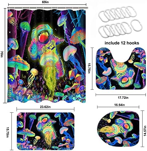 Alishomtll 4 Pcs Blacklight Astronaut Shower Curtain Set with Rugs