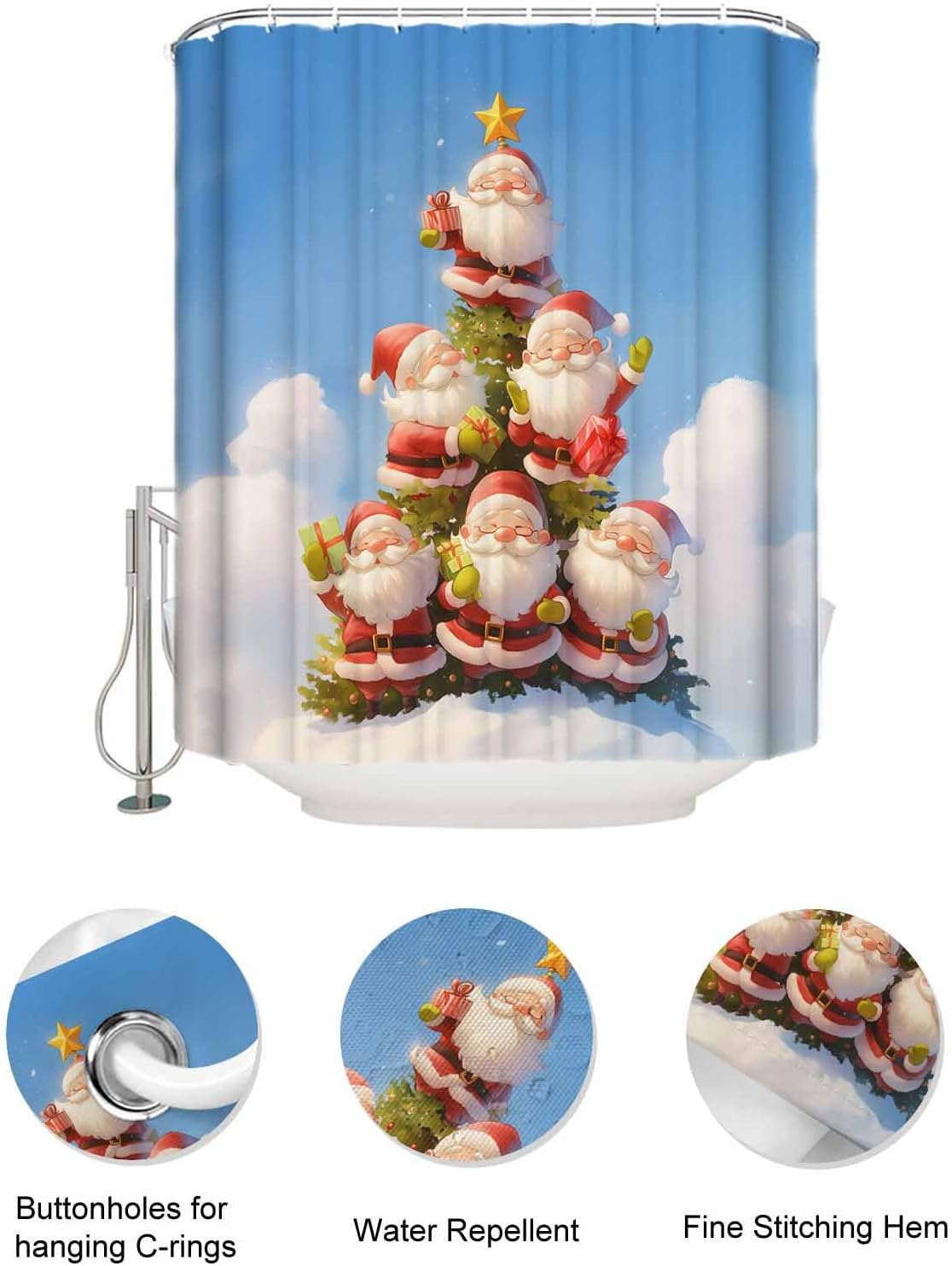 Christmas Shower Curtain - Easy Setup for Santa and Gnome Theme - 36x78