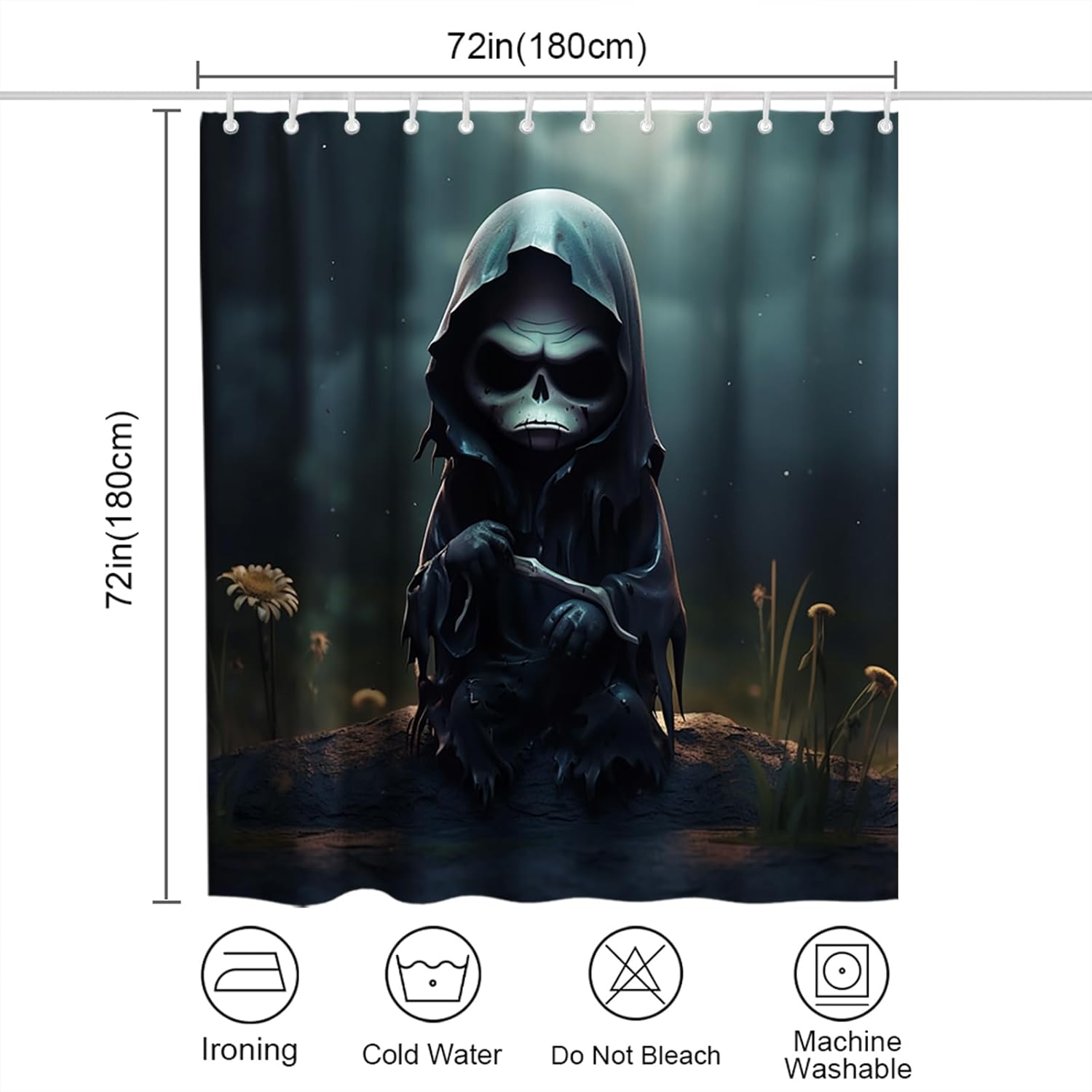 Cute Gothic Skeleton Shower Curtain Set Black Spooky Theme Waterproof