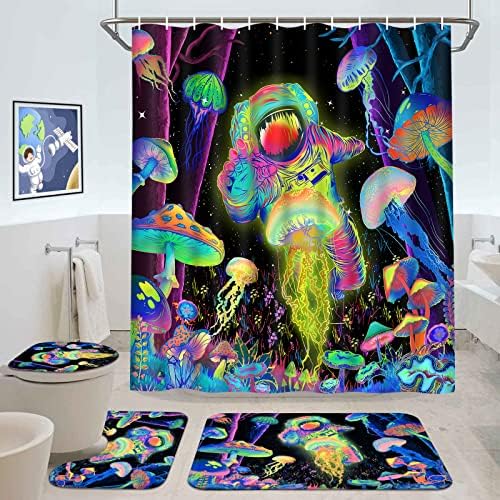 Alishomtll 4 Pcs Blacklight Astronaut Shower Curtain Set with Rugs