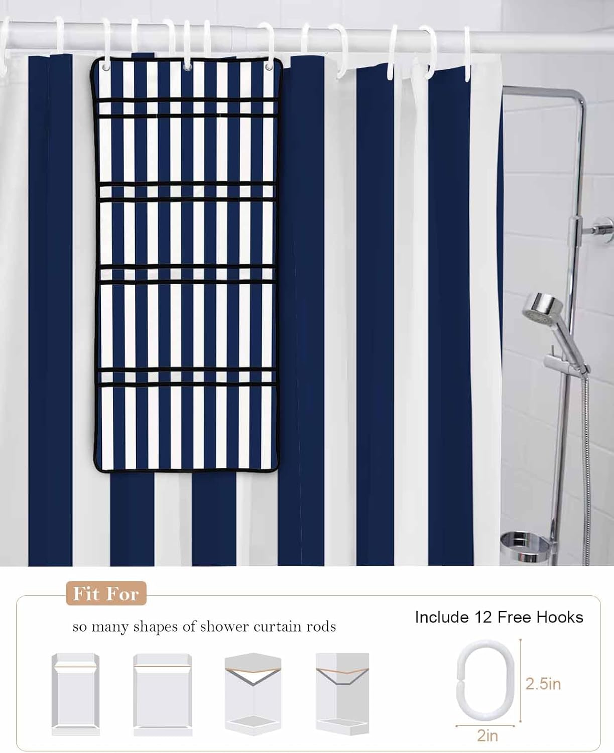 Navy Blue Waterproof Folding Shower Curtain with Hanging Organizer
