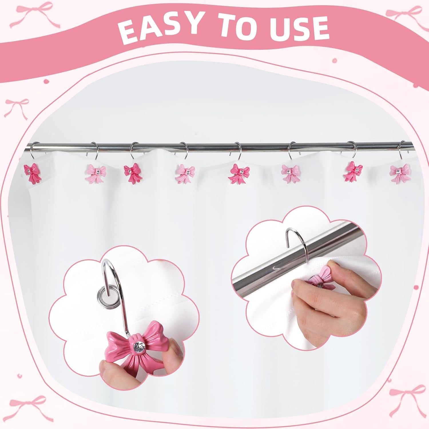 Durable Elegant Pink Bow Shower Curtain Hangers