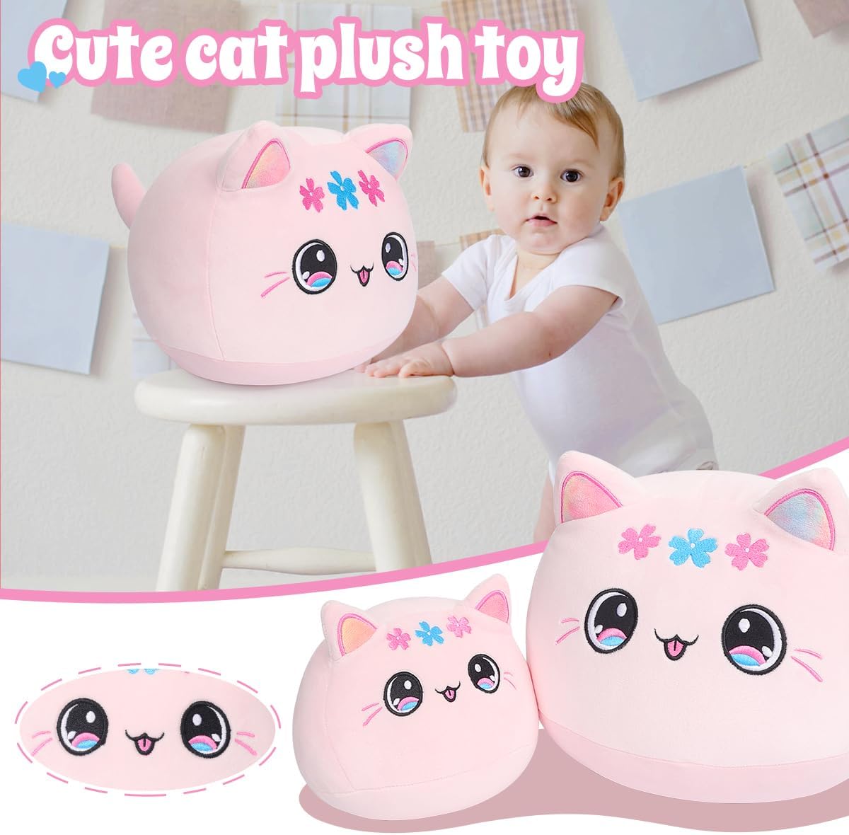 Cute Cat Plush Pillow 7 Rainbow Pink Kitten Stuffed Animal