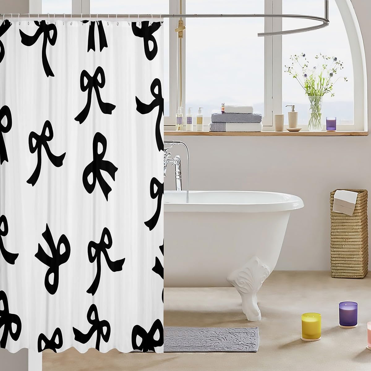 Off-White Bowknot Shower Curtain Set for Boys Girls Teens