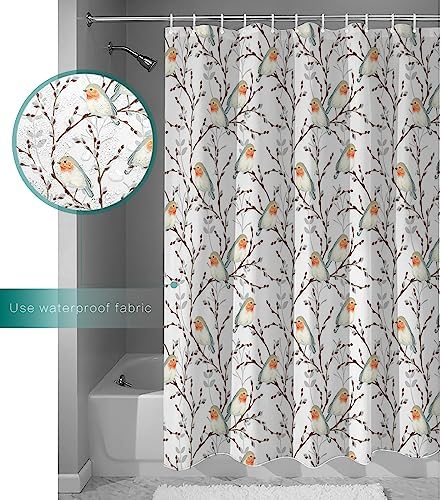 Waterproof shower curtain set for the bathroom with birds and branch design