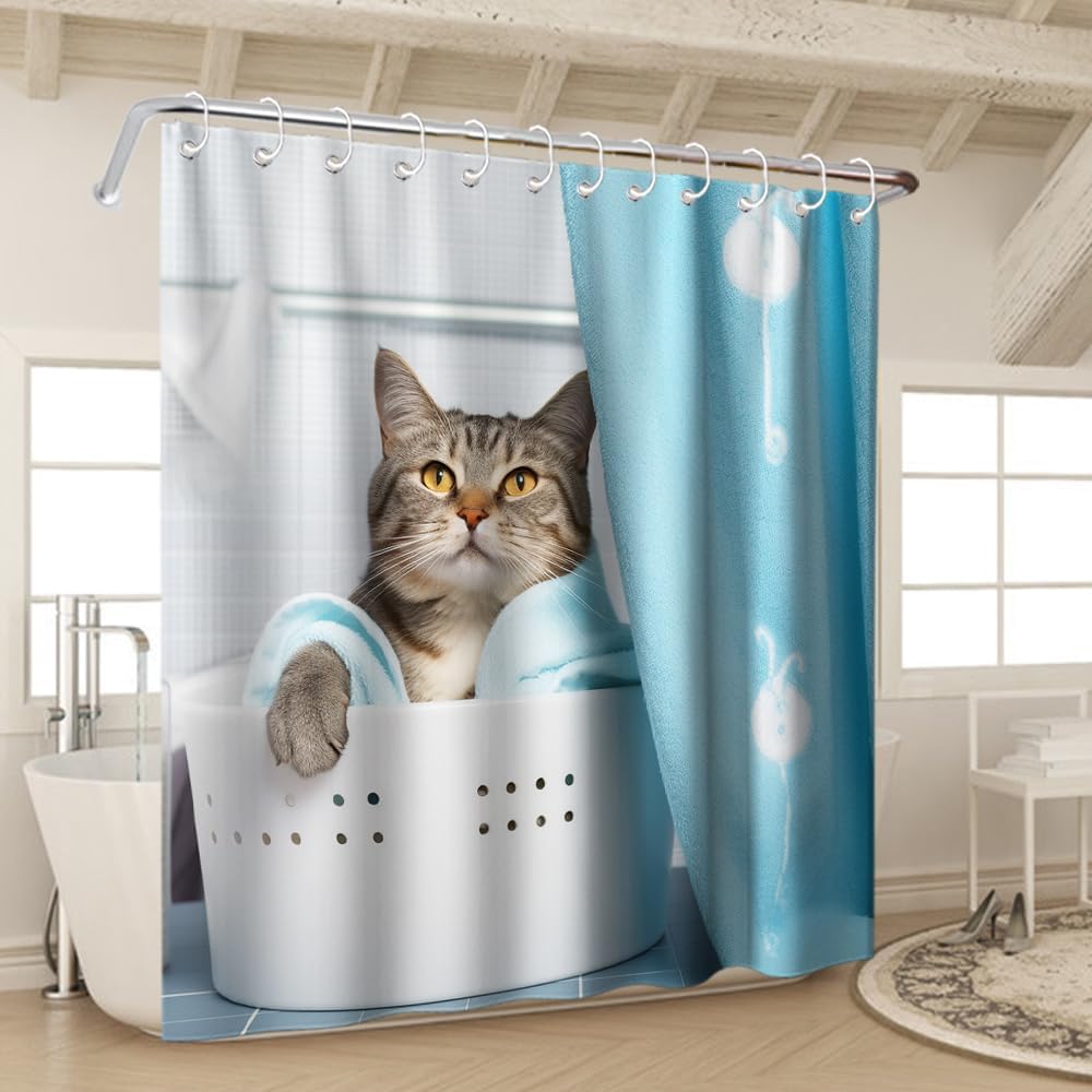 Cute Cat Bathing Shower Curtain Set with Hooks