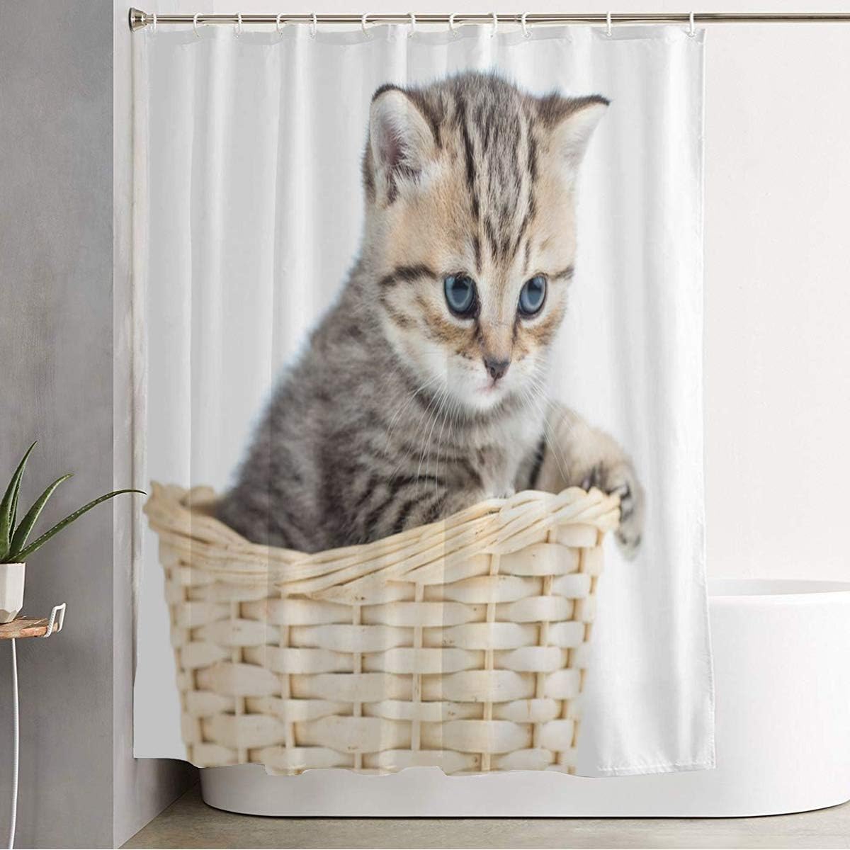 Adorable Gray Kitten Basket Shower Curtain Set