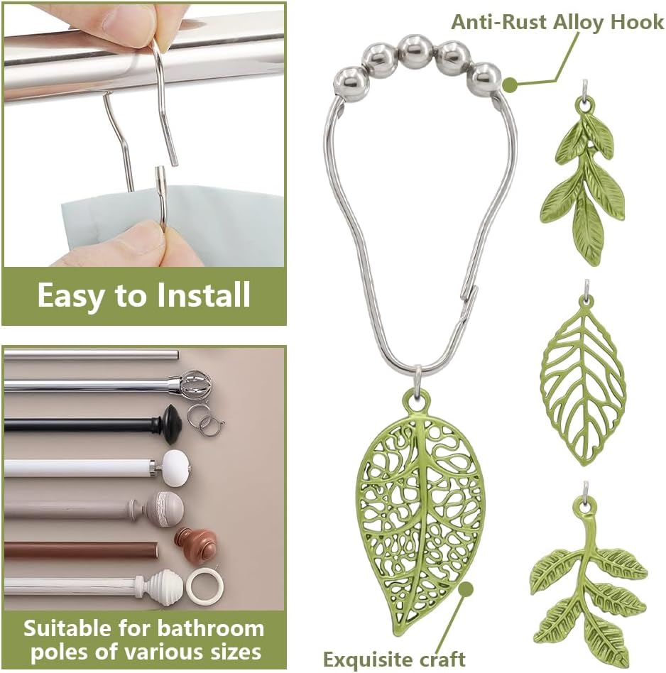 Elegant Leaf Shower curtain hooks - Green Metal Rustproof Set of 12