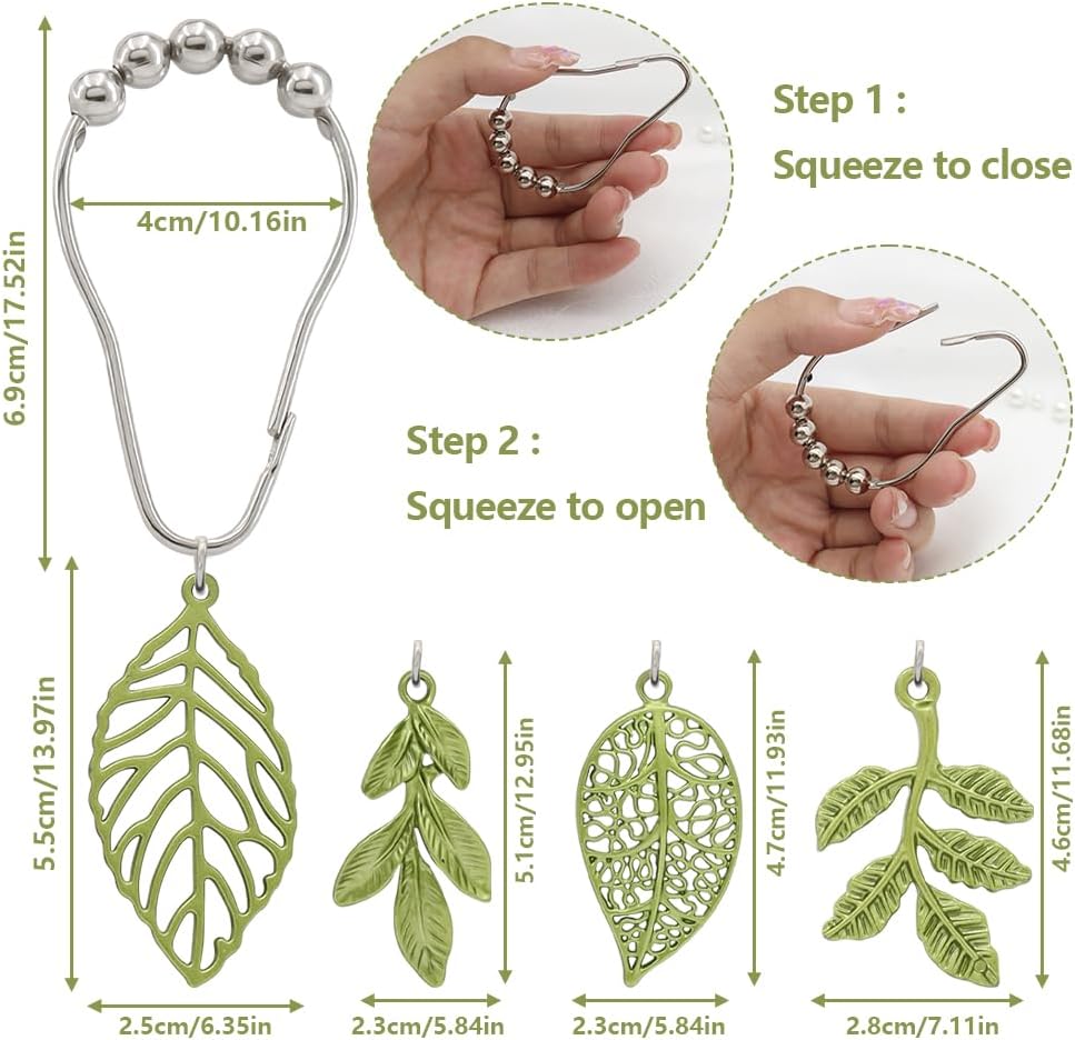 Elegant Leaf Shower curtain hooks - Green Metal Rustproof Set of 12