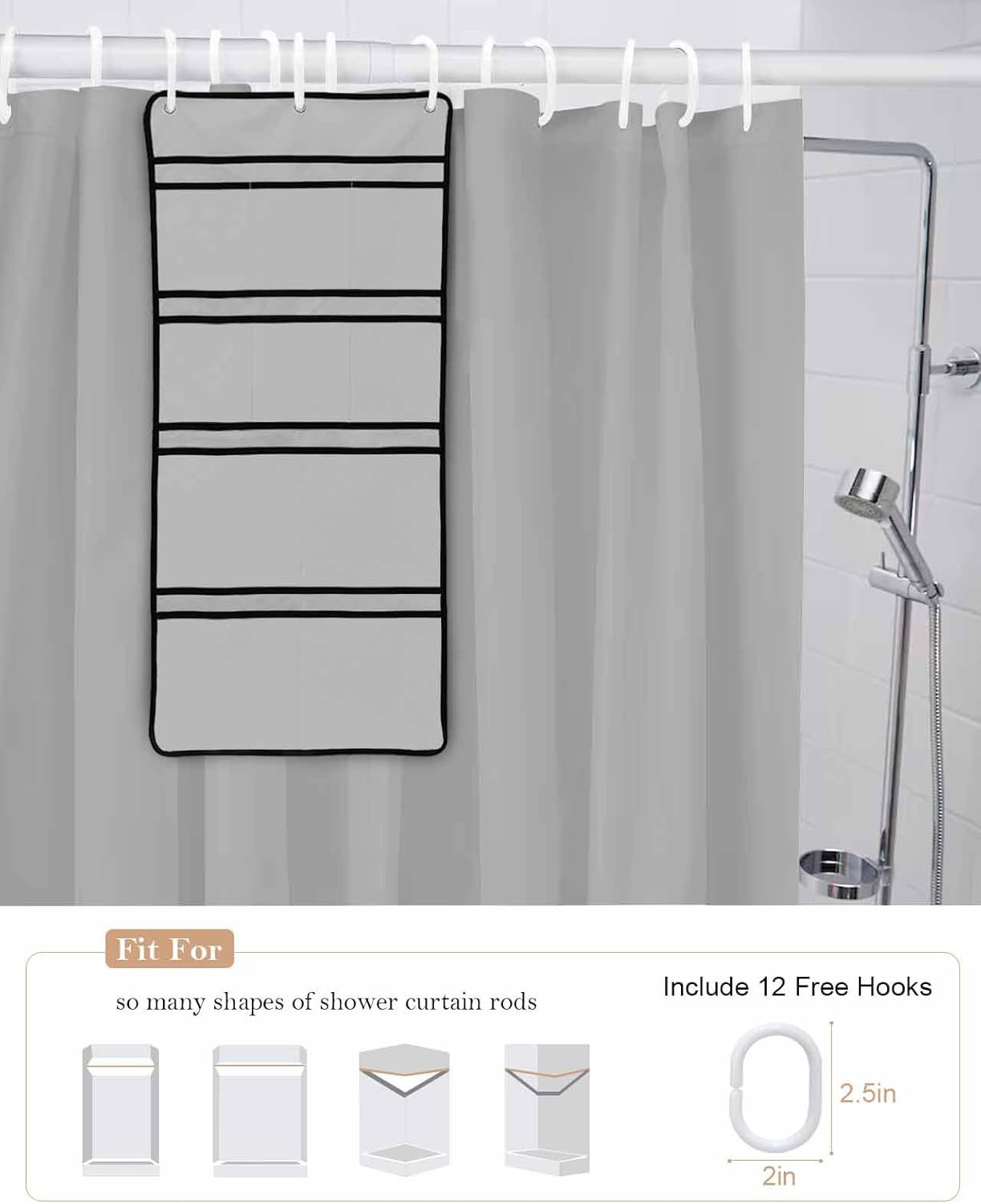 EZON-CH 36x78 stainless shower curtain set with hanging organizer Charcoal Gray