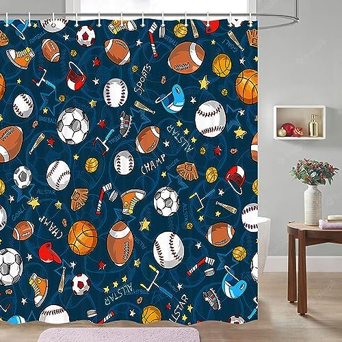 JAWO Sports Shower Curtain - Blue for Kids and Teens