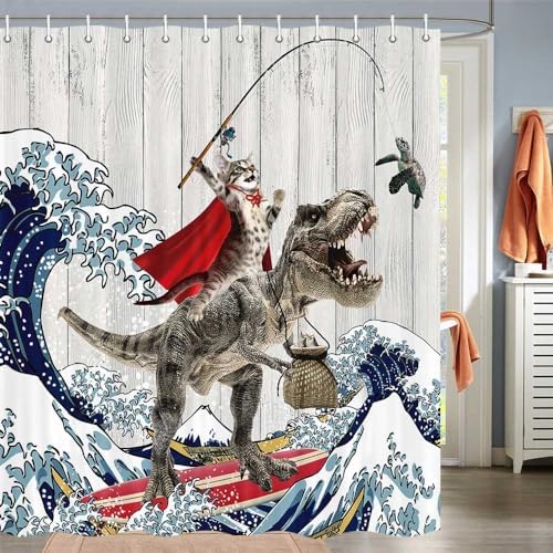 Send A Cat Dinosaur Blue Ocean Cat Shower Curtain Set