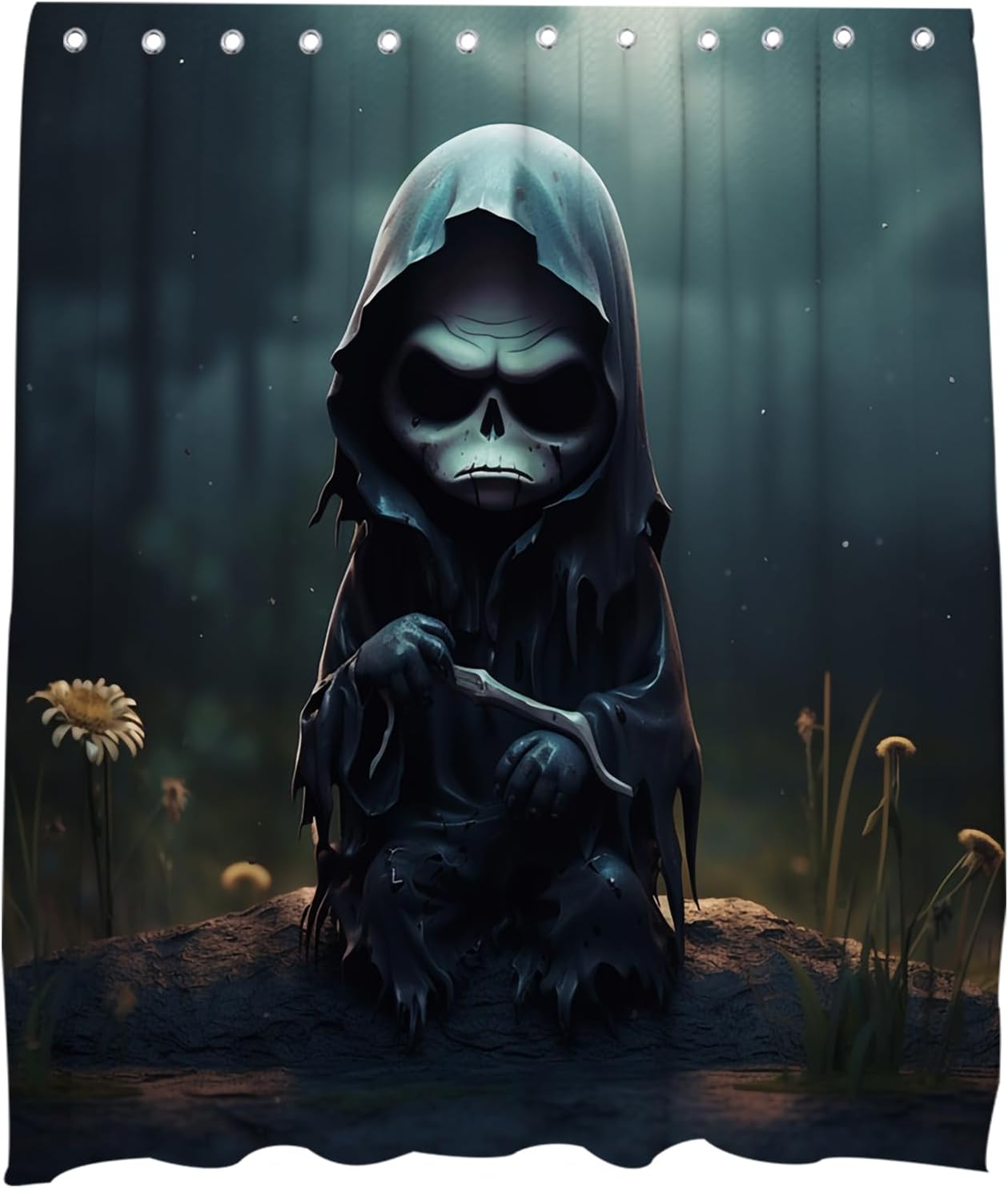 Cute Gothic Skeleton Shower Curtain Set Black Spooky Theme Waterproof