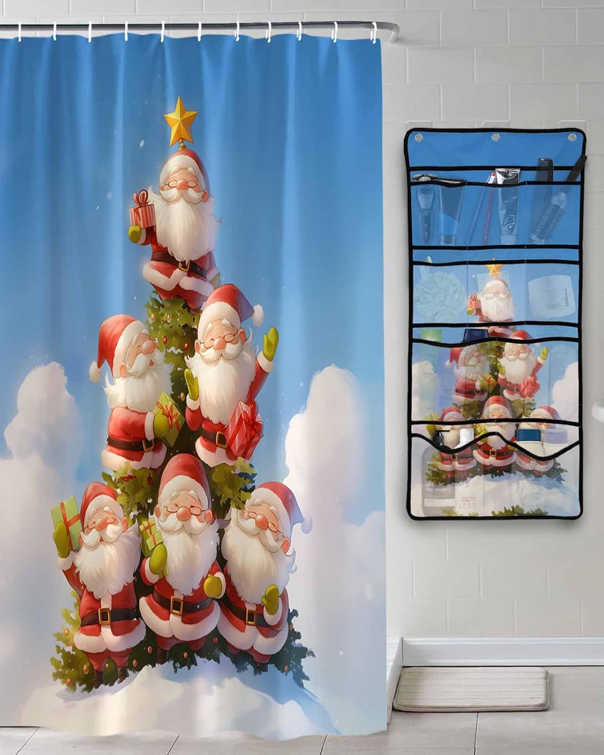 Christmas Shower Curtain - Easy Setup for Santa and Gnome Theme - 36x78