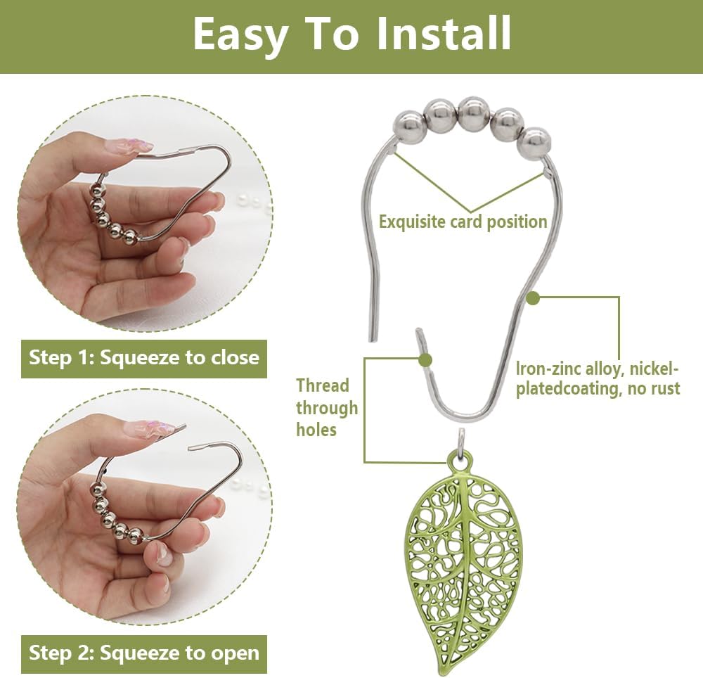 Elegant Leaf Shower curtain hooks - Green Metal Rustproof Set of 12