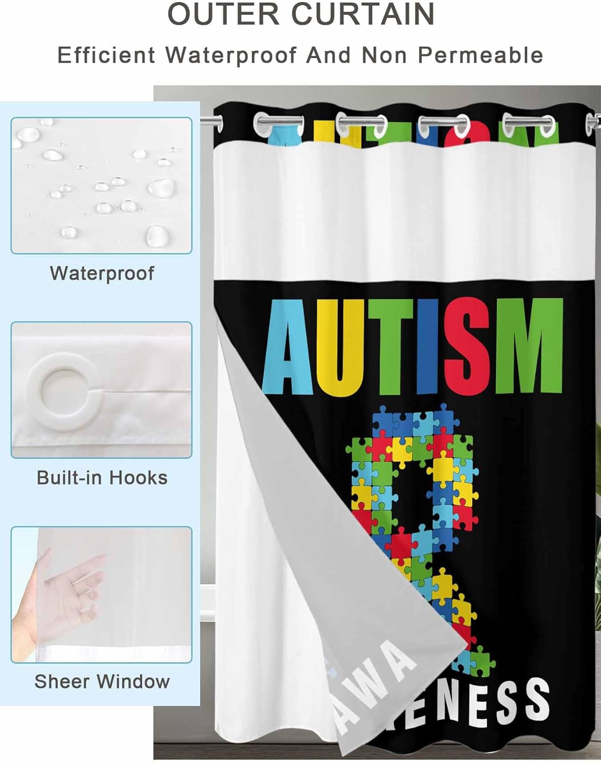 TocaHome No Hook Shower Curtain with Snap Liner 36x78