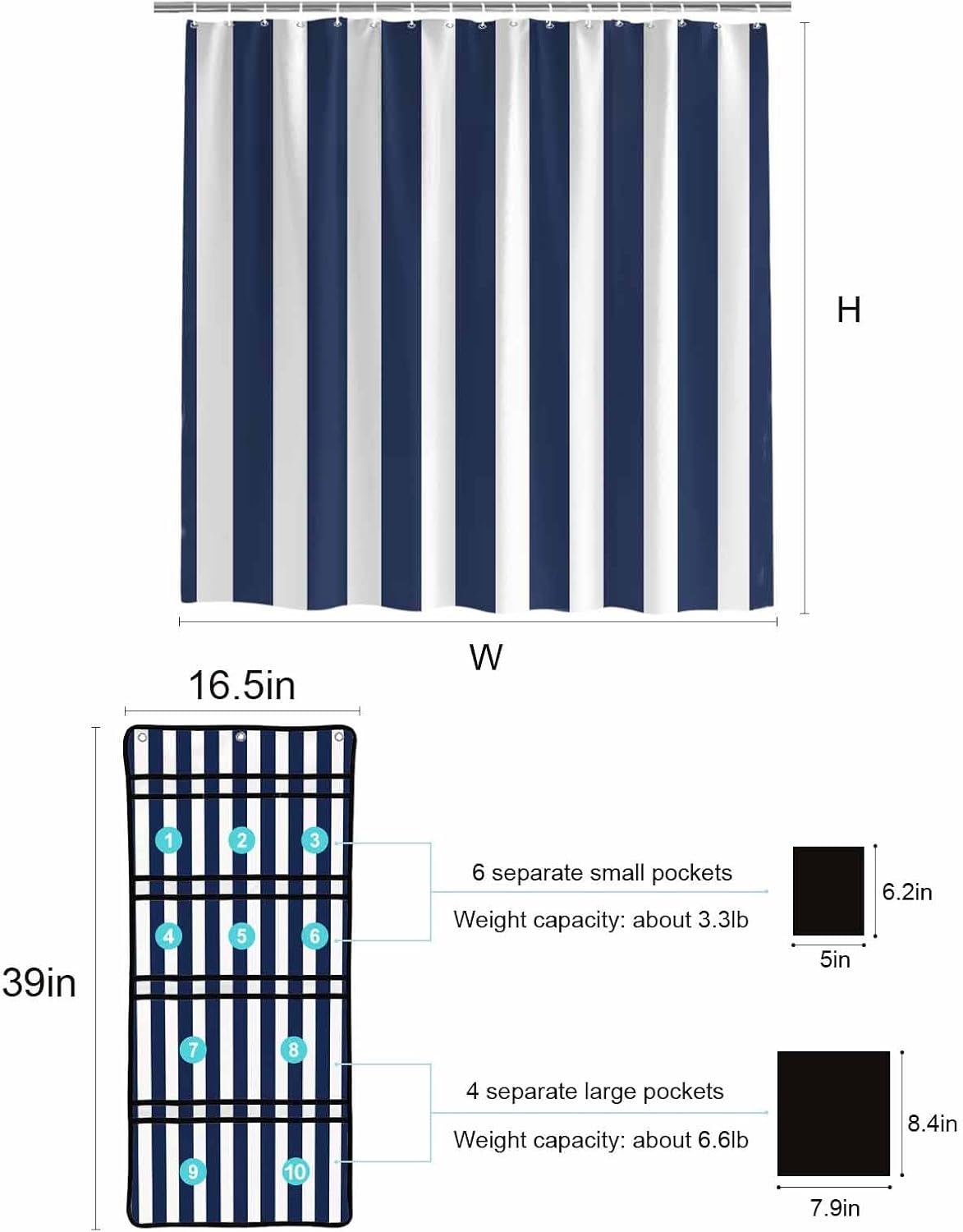 Navy Blue Waterproof Folding Shower Curtain with Hanging Organizer