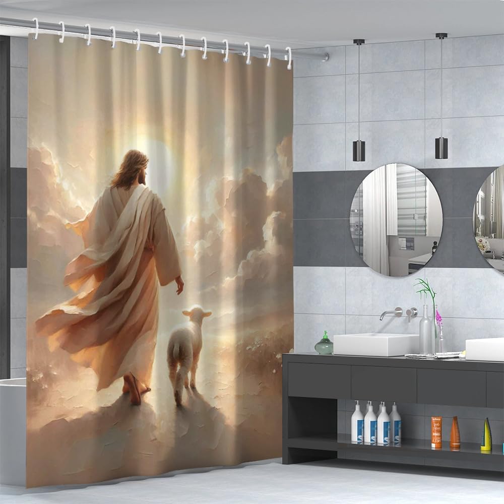 Savior Heal Comfort Womens Bathroom Curtain Jesus Hugging Fabric Design 72x72