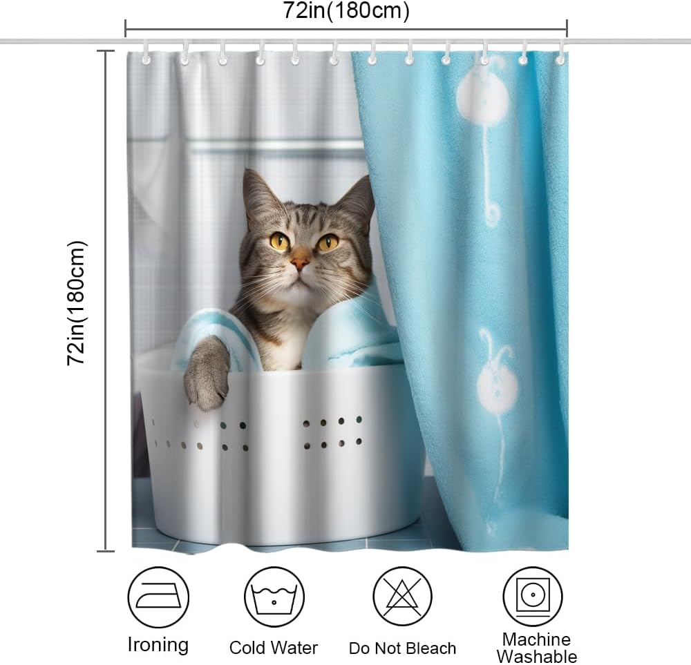 Cute Cat Bathing Shower Curtain Set with Hooks