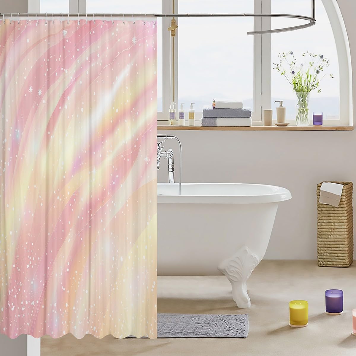 Pastel Girls Bathroom Shower Curtain Set Galaxy Glitter for Kids and Women