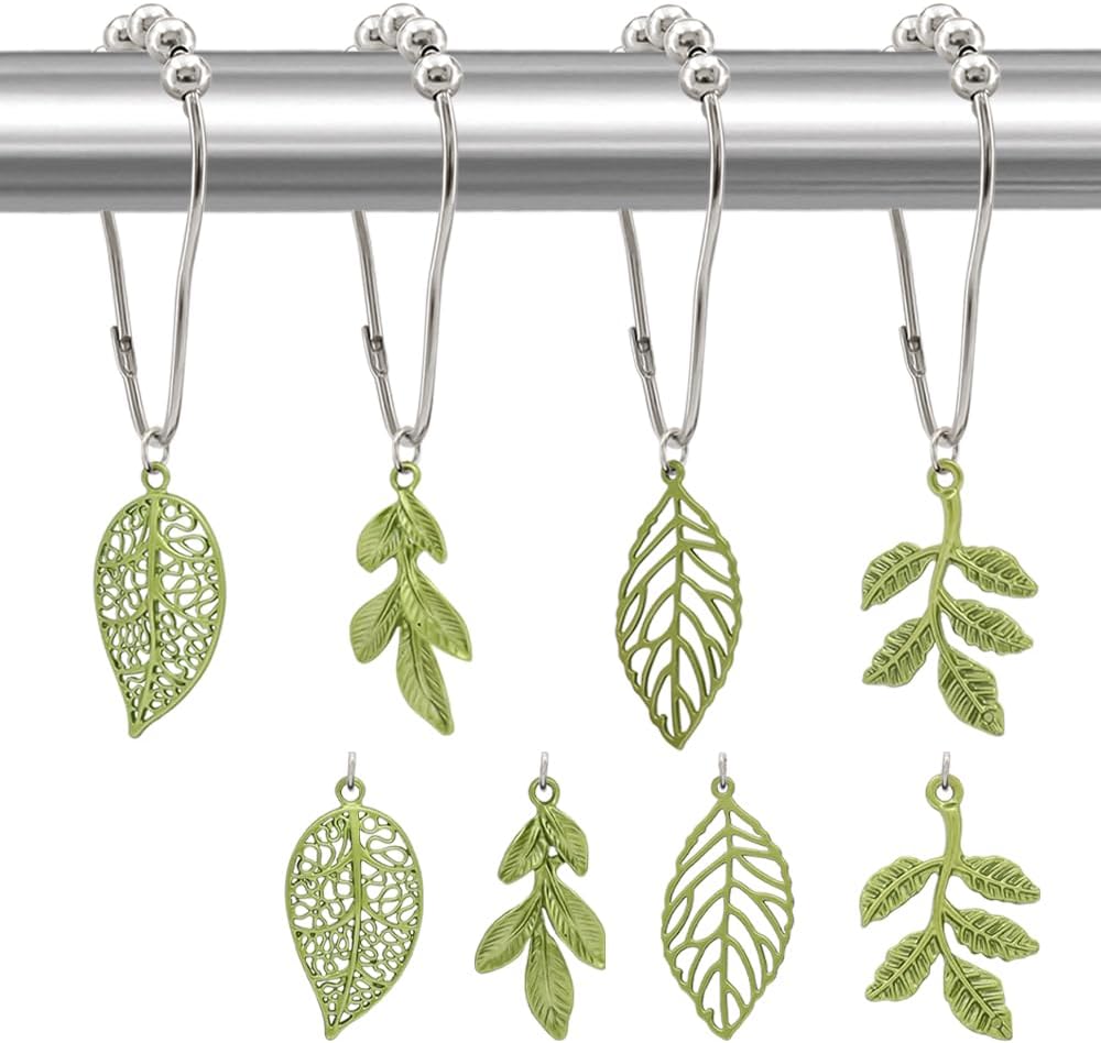 Elegant Leaf Shower curtain hooks - Green Metal Rustproof Set of 12