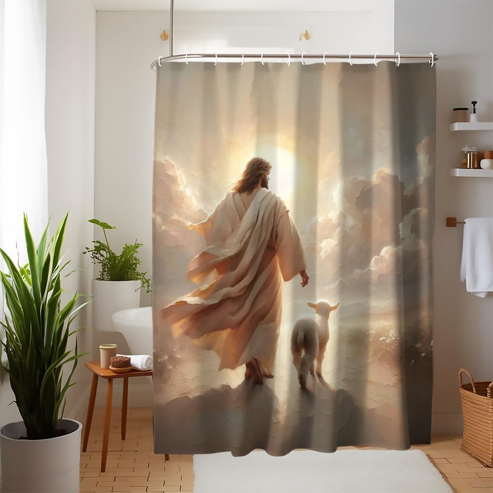 Savior Heal Comfort Womens Bathroom Curtain Jesus Hugging Fabric Design 72x72