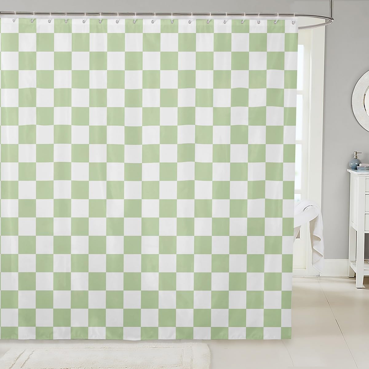 Manfei Green Check Geometric Plaid Shower Curtain Set