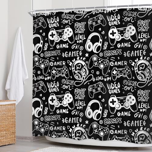 Boys Gamer Shower Curtain 72Wx72H Inch Gaming Controller Waterproof Design