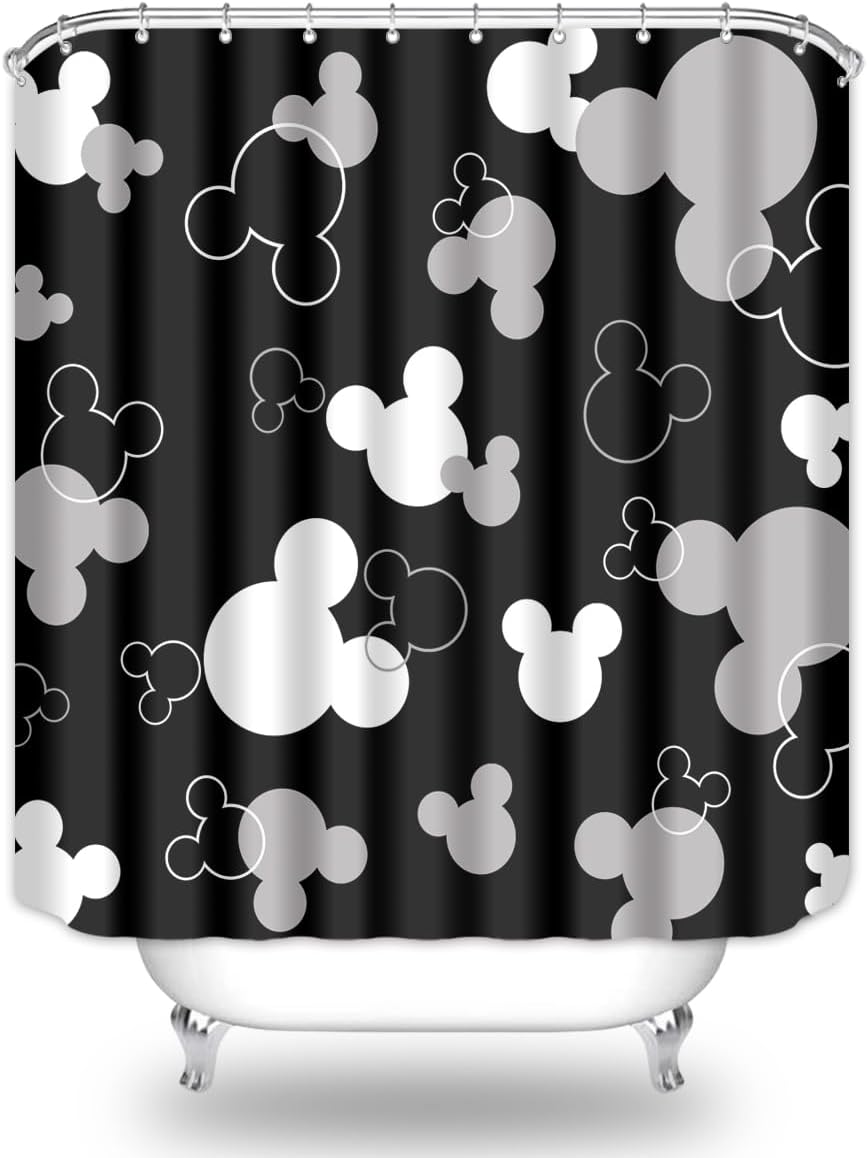 Mouse Head Shower Curtain for Children Black Background with Cartoons