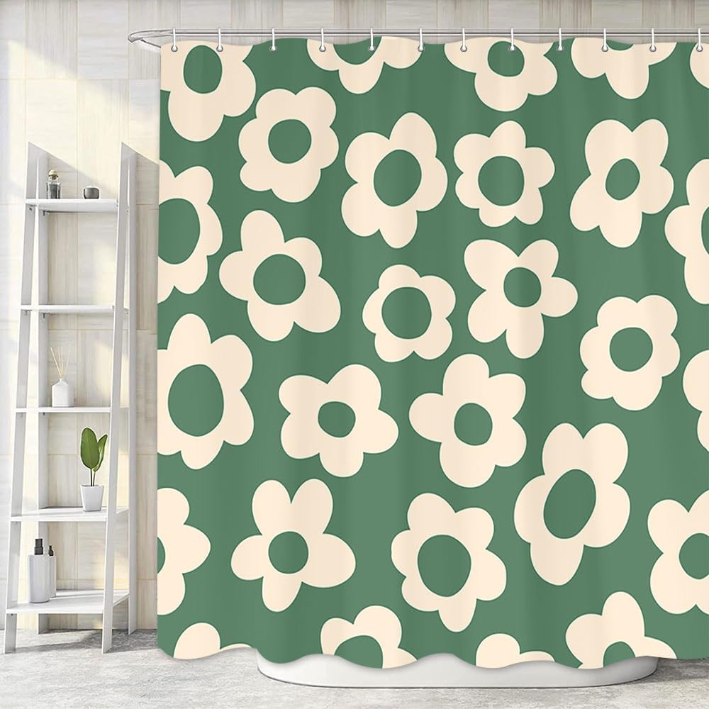 Stunning Sage Green Daisy Shower Curtain Boho Retro Sage Green Design