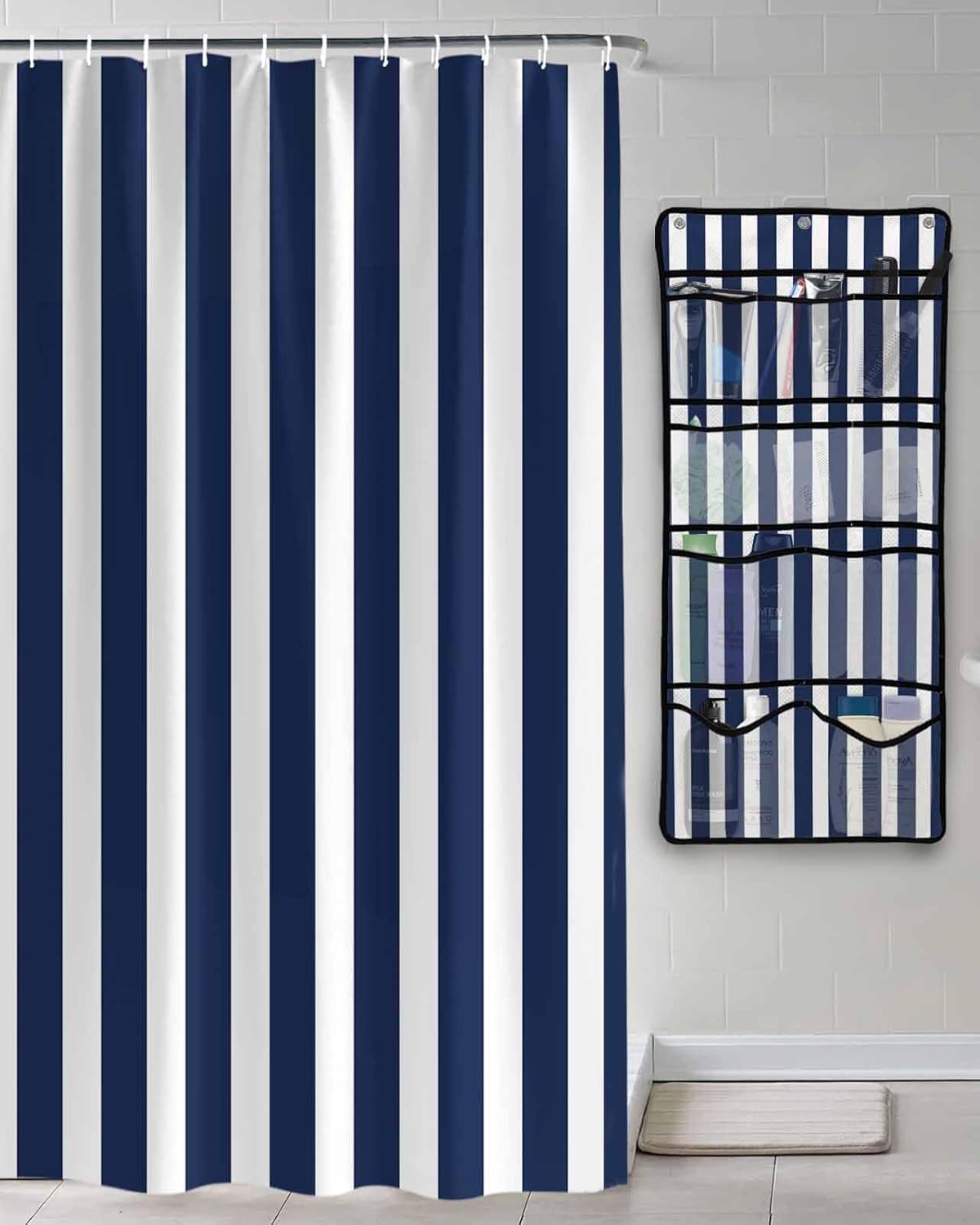 Navy Blue Waterproof Folding Shower Curtain with Hanging Organizer