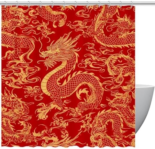 Gold Red Chinese Dragon Shower Curtain Set with 12 Hooks 66x72 Inches