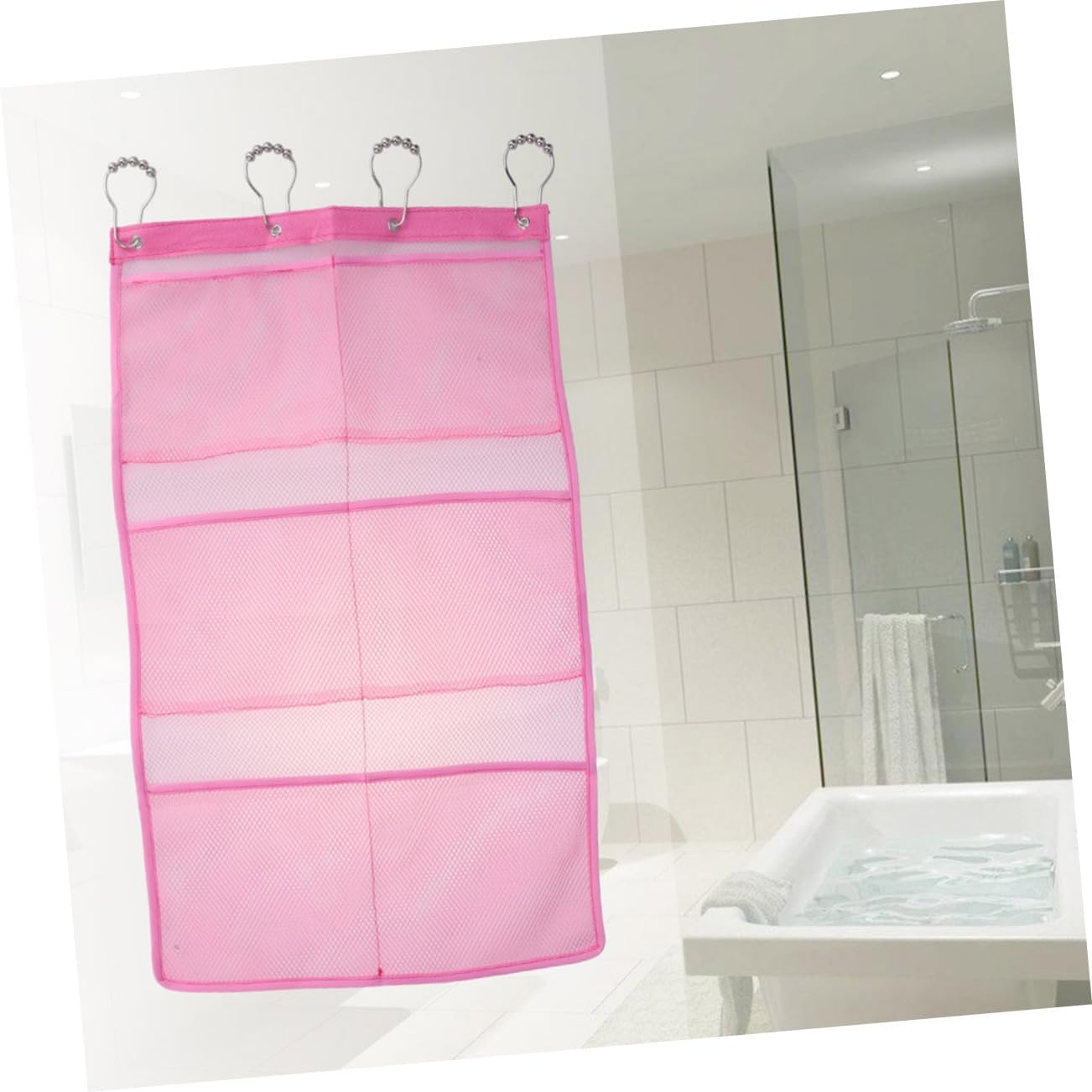 SHOWERORO Space-Saving Mesh Organizer 4-Ring Hangers Pink
