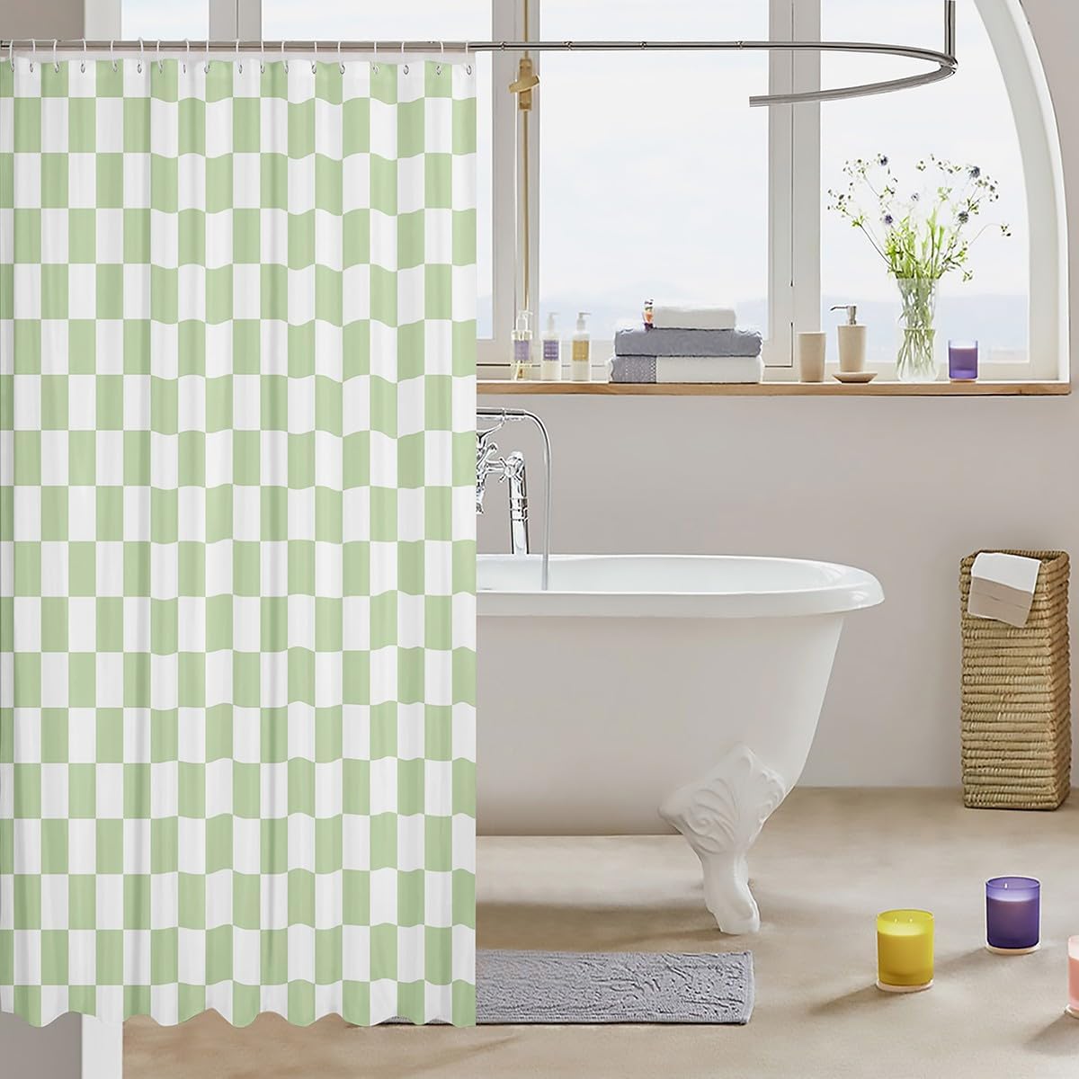 Manfei Green Check Geometric Plaid Shower Curtain Set