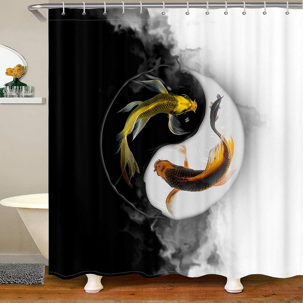 Golden Yin Yang shower curtain set for with fish patterns shower hooks
