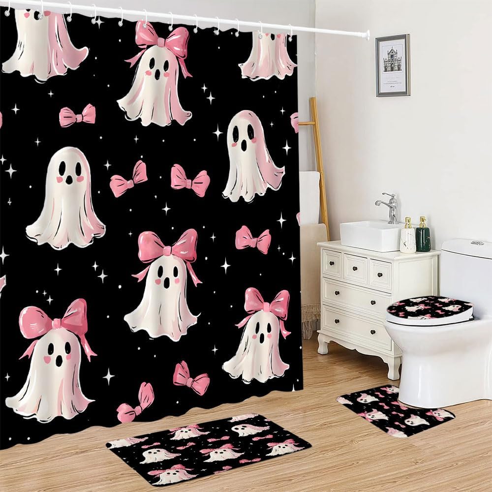 4pcs Ghost Shower Curtain Set with Hooks and Bath Mat