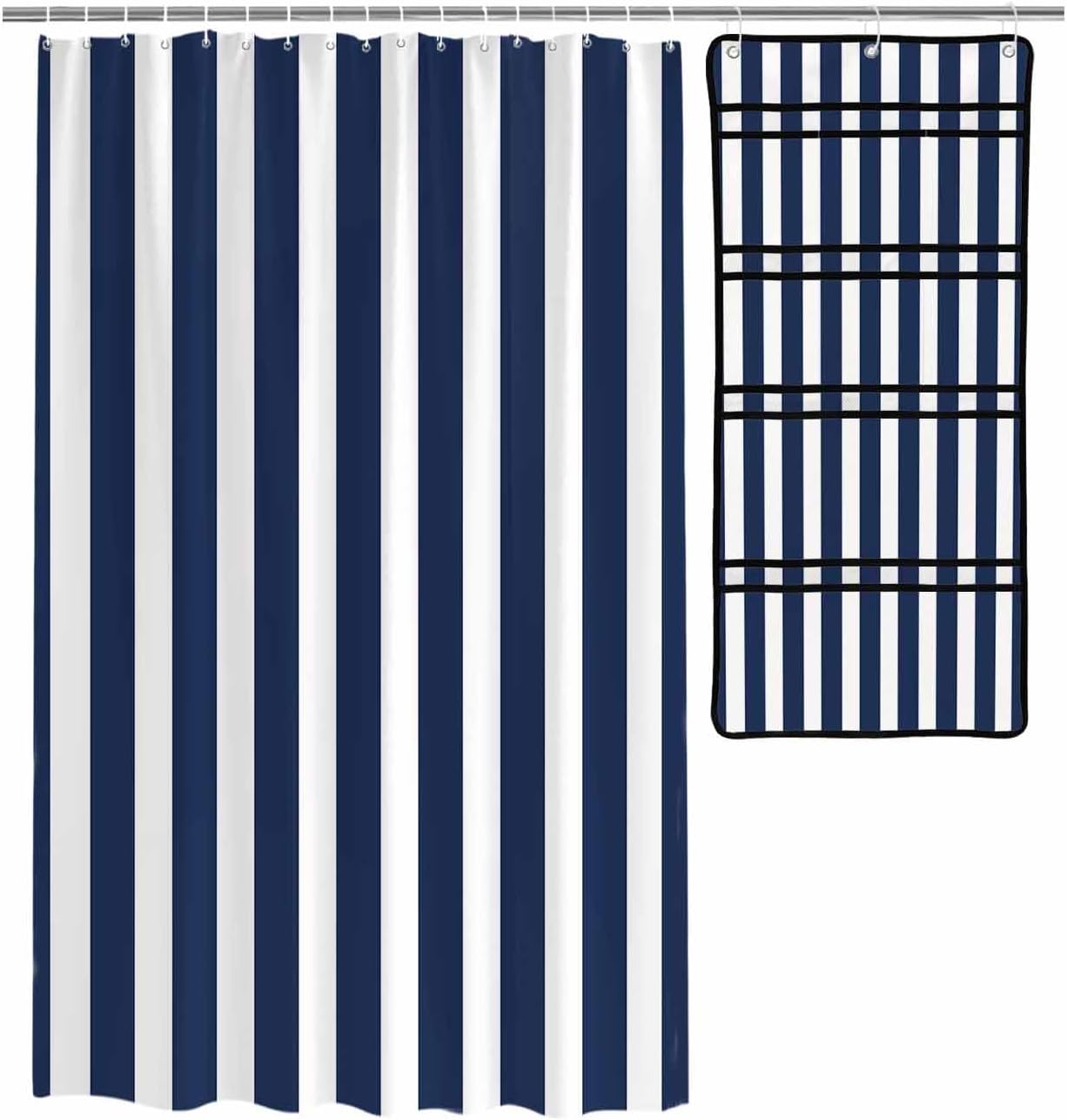 Navy Blue Waterproof Folding Shower Curtain with Hanging Organizer