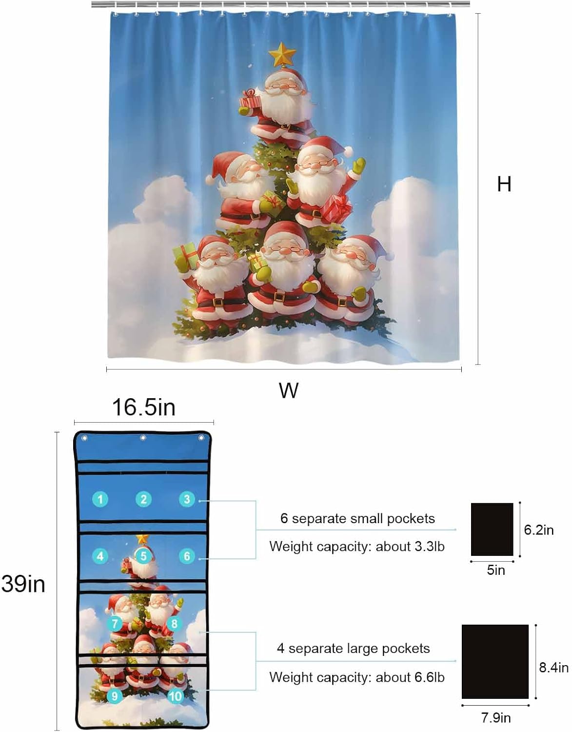 Christmas Shower Curtain - Easy Setup for Santa and Gnome Theme - 36x78