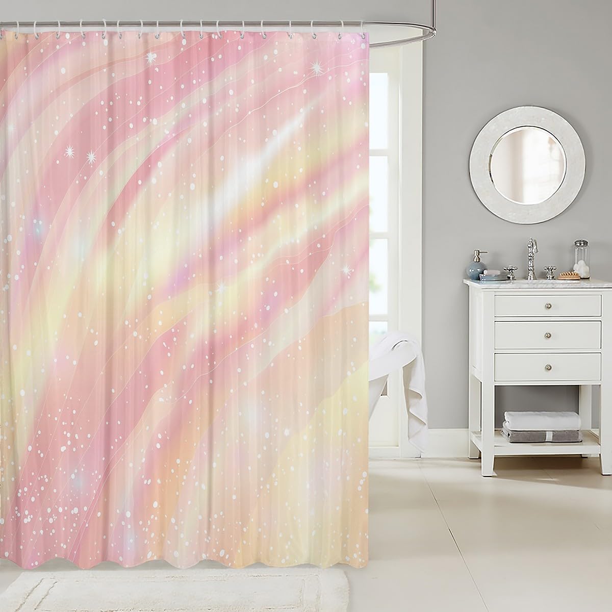 Pastel Girls Bathroom Shower Curtain Set Galaxy Glitter for Kids and Women
