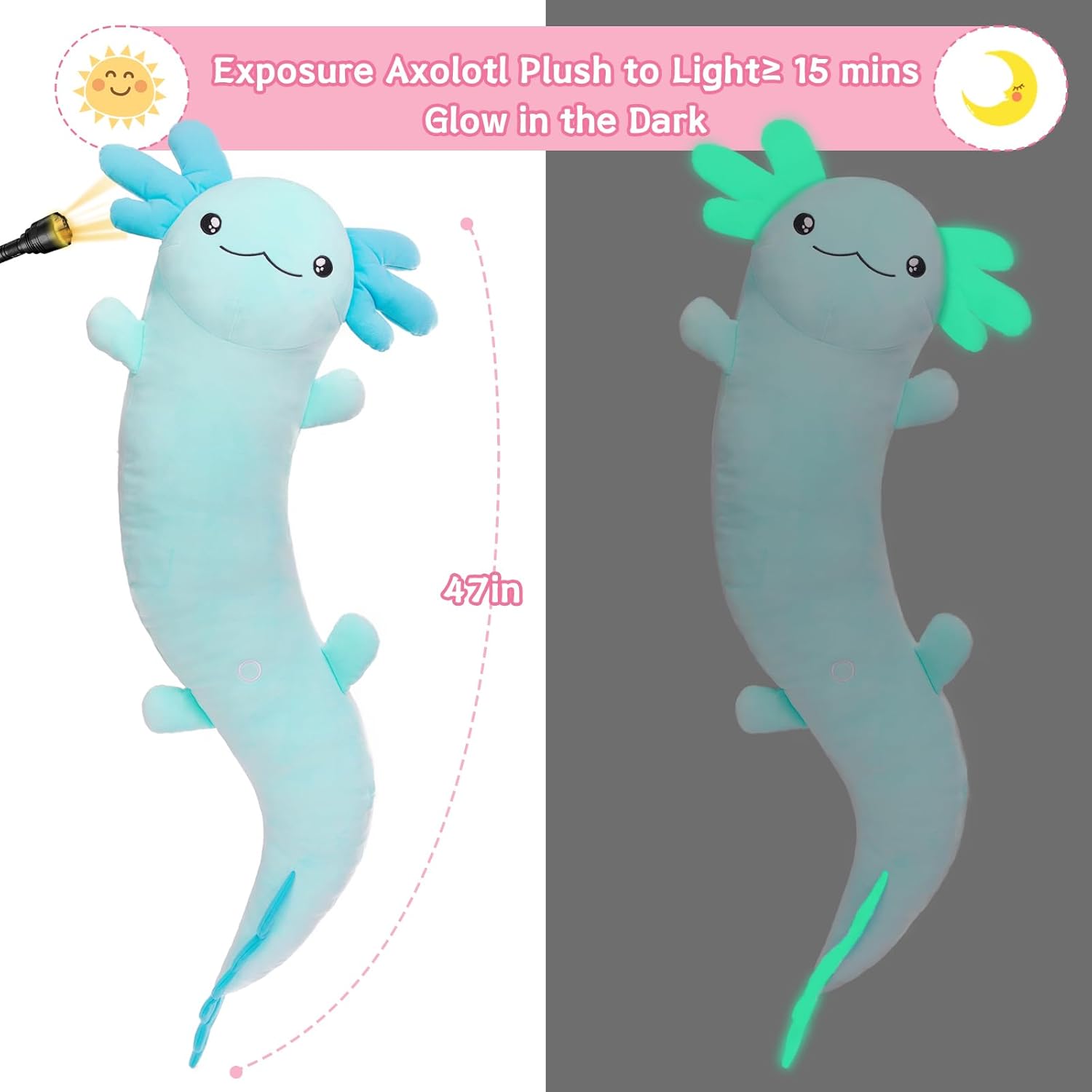 Big Blue Axolotl Plush Pillow for Relaxation and Automatically Glowing at Night