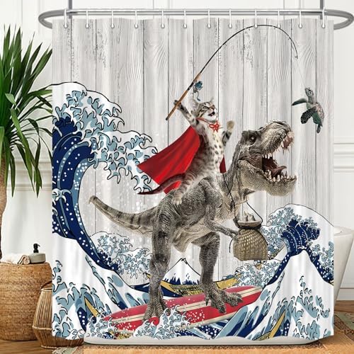 Send A Cat Dinosaur Blue Ocean Cat Shower Curtain Set