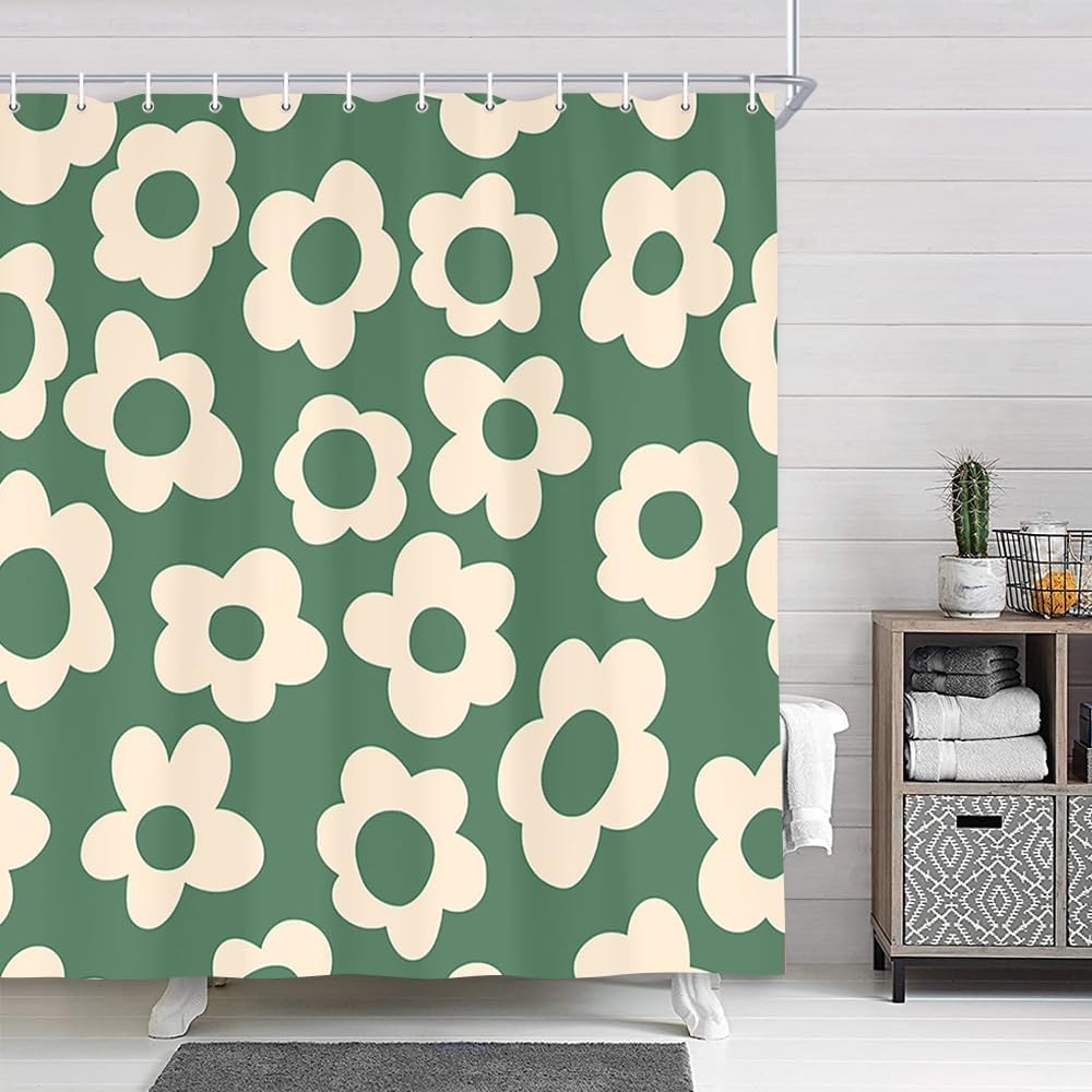 Stunning Sage Green Daisy Shower Curtain Boho Retro Sage Green Design