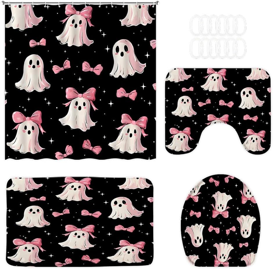 4pcs Ghost Shower Curtain Set with Hooks and Bath Mat