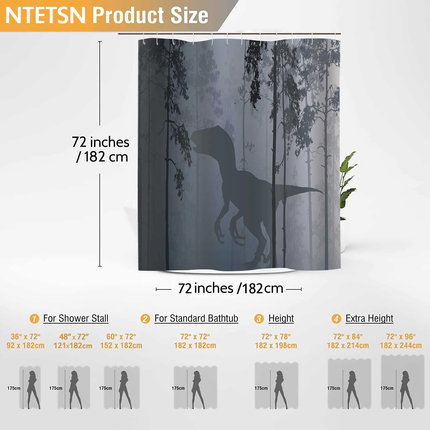 Dinosaur Shower Curtain Set Tyrannosaurus Rex Silhouette with 12-Pack Plastic Hooks