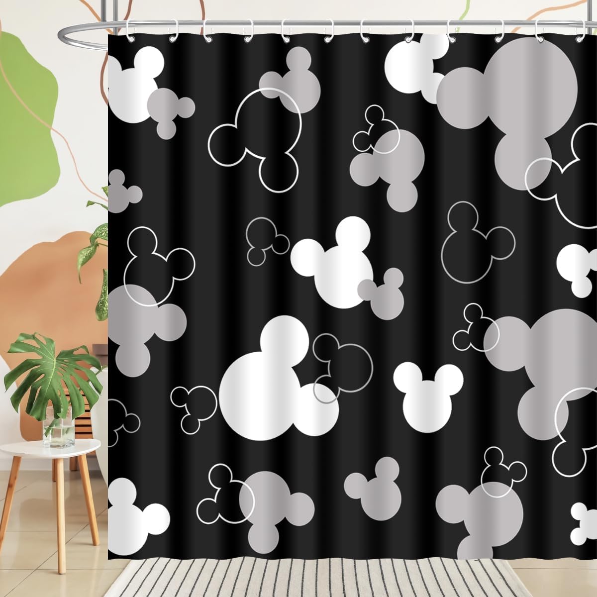 Mouse Head Shower Curtain for Children Black Background with Cartoons