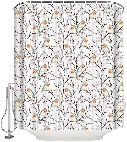 Waterproof shower curtain set for the bathroom with birds and branch design