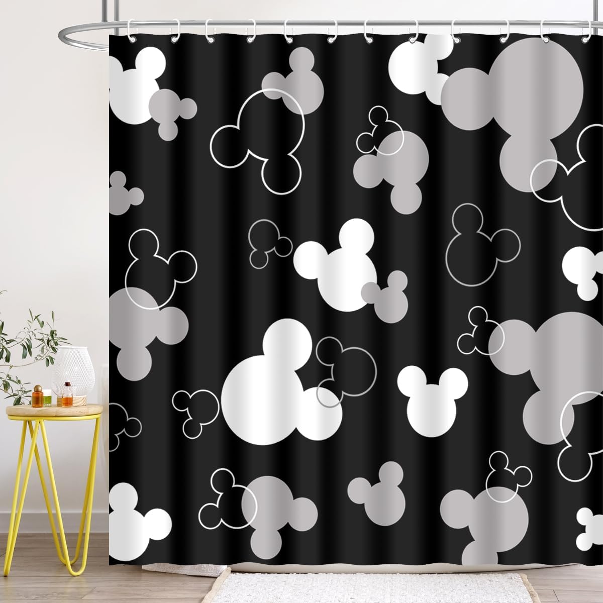 Mouse Head Shower Curtain for Children Black Background with Cartoons