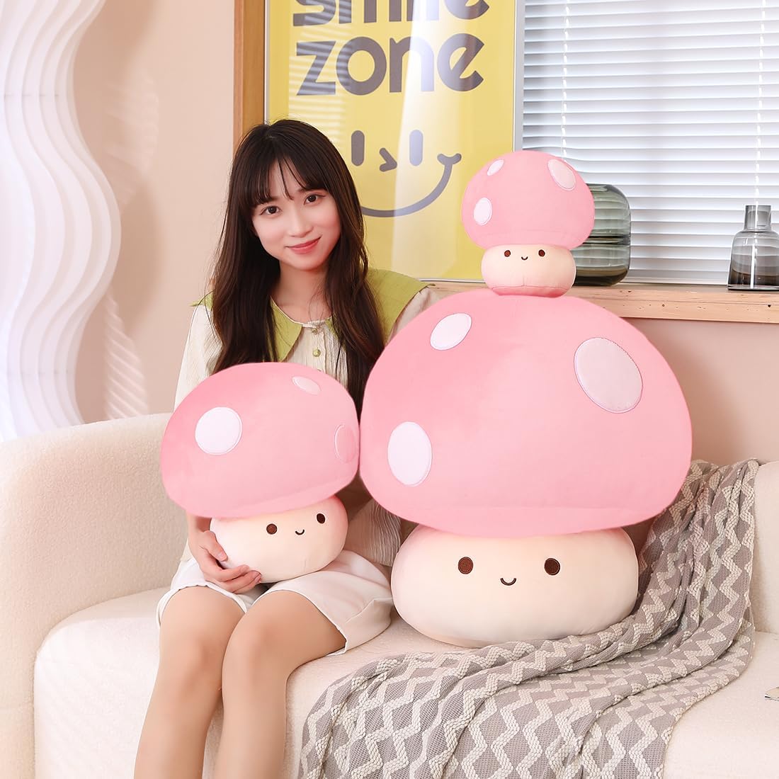 Cute Pink Mushroom Plush Pillow for Kids Soft and Playful