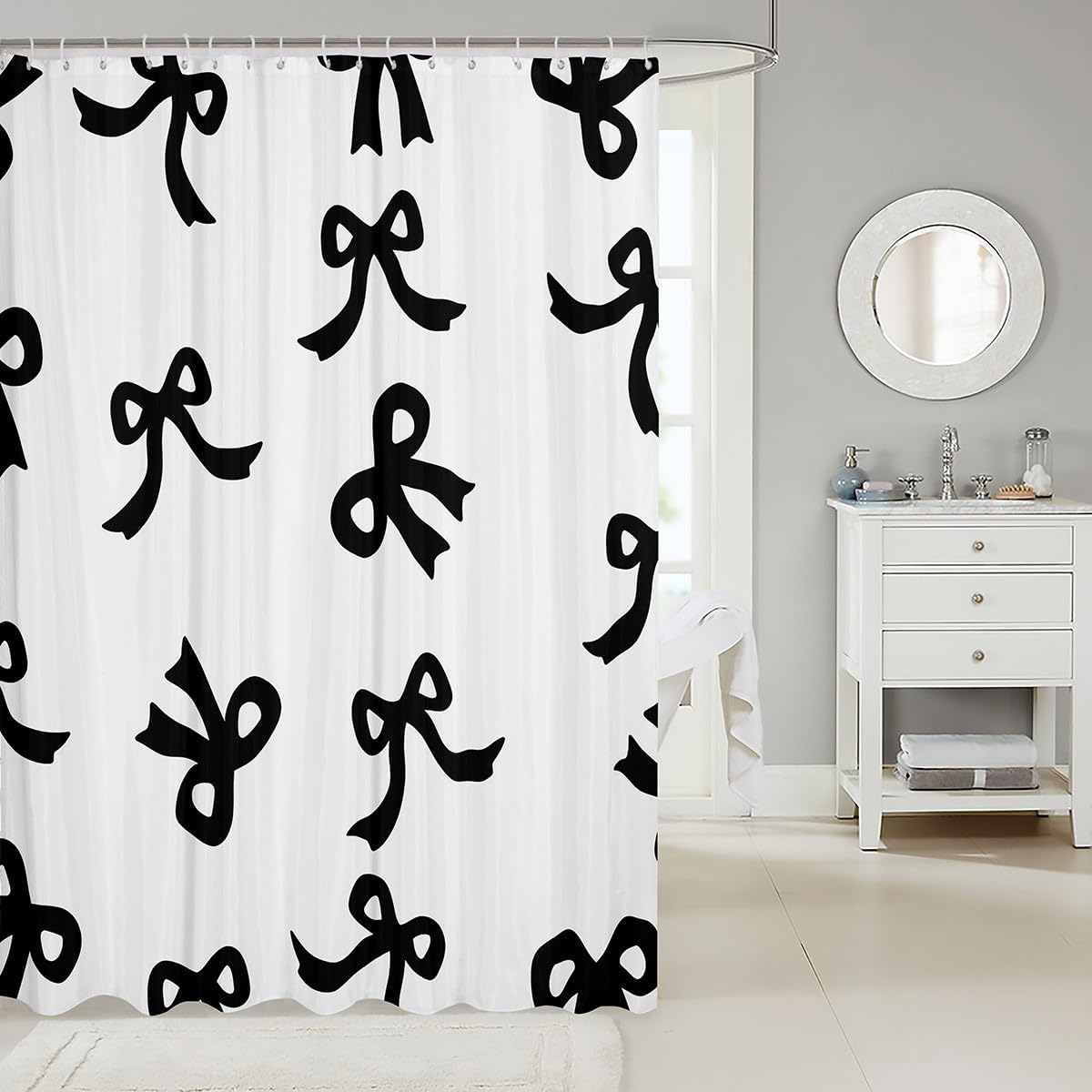 Off-White Bowknot Shower Curtain Set for Boys Girls Teens
